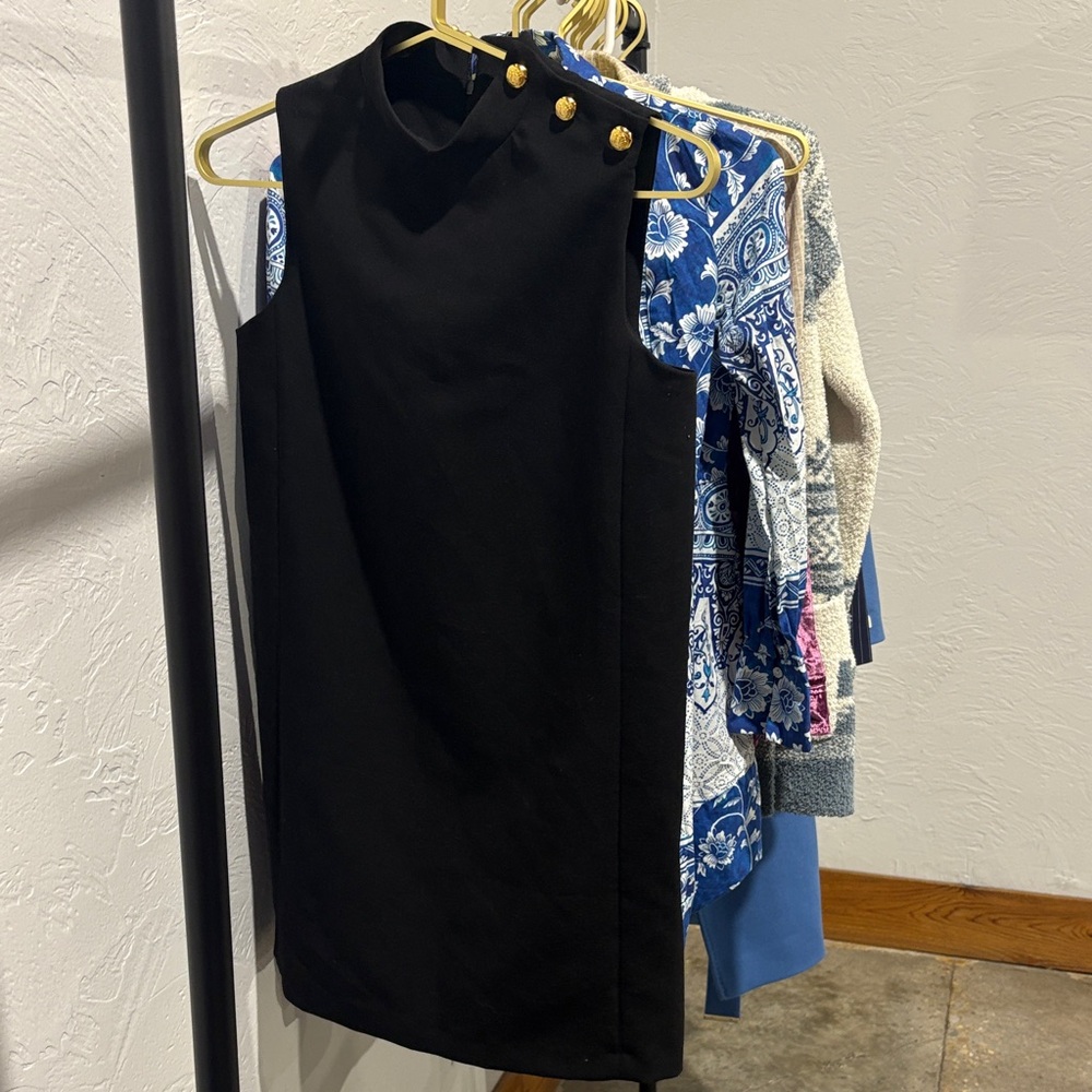 Zara Black Sleeveless Shift Dress with Gold Button Accents